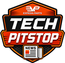 Expedia Parts Tech PitStop News — shield badge with EP lockup and newspaper icon